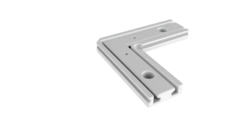 CON-A2 Eckverbinder 90° für LED-Aluminiumprofil – L-förmiger Winkelverbinder mit Befestigungsbohrungen, Ansicht von schräg oben