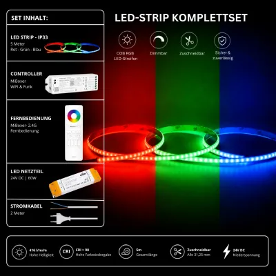 RGB LED Strip Komplettset mit 5 m COB RGB LED-Streifen, MiBoxer WiFi- und Funk-Controller, 2,4 GHz Fernbedienung, 24V Netzteil und Anschlusskabel – dimmbar, per WLAN steuerbar und ideal für Smart-Home-LED-Beleuchtung.