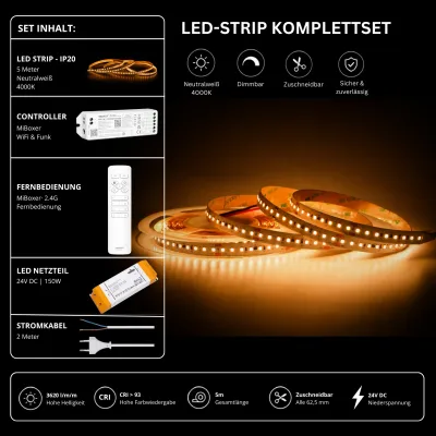 LED-Streifen Komplettset 24V mit 5 m SMD LED-Streifen in Neutralweiß 4000K, 3620 lm/m, CRI über 93, MiBoxer WiFi Funk-Controller, 2.4G Fernbedienung und 150W Netzteil