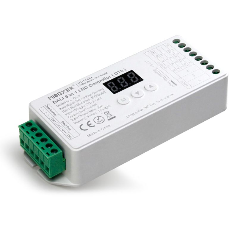 DALI DT8 LED Controller für RGB CCT LED Streifen MiBoxer in Perspektivansicht mit Anschlussklemmen