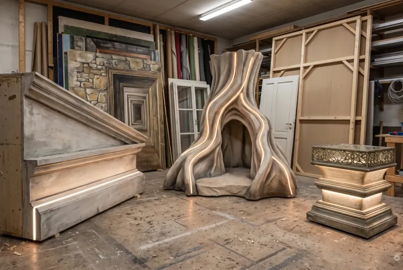 Theater-Kulissenbau-Werkstatt mit leuchtenden Requisiten: Ein hinterleuchtetes architektonisches Element und eine homogen strahlende organische Baumstamm-Skulptur.