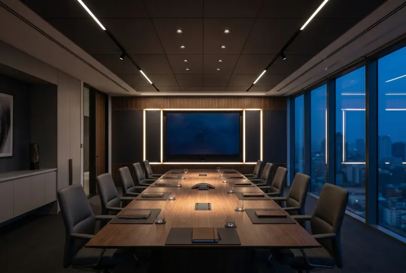 Moderner Konferenzraum mit automatischer Tageslichtsteuerung und DALI-gesteuerter LED-Beleuchtung für optimale Lichtverhältnisse