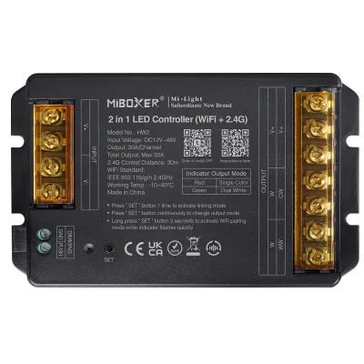 MiBoxer HW2 2-in-1 LED Controller – einfarbig & CCT, WiFi & 2,4 GHz, 12–48V, 30A | SK-LED MiBoxer HW2 2-in-1 LED Controller – einfarbig und CCT, 12–48V DC, 30A, integriertes WiFi und 2,4 GHz Funk, Push-Eingang, Schraubklemmen, Frontansicht