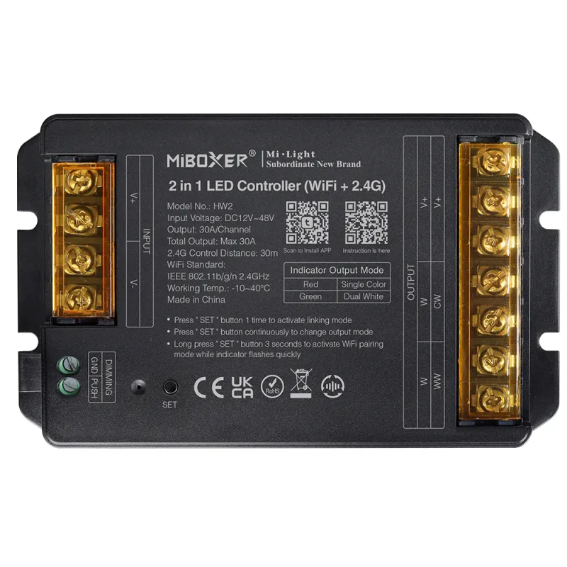 MiBoxer HW2 2-in-1 LED Controller – einfarbig und CCT, 12–48V DC, 30A, integriertes WiFi und 2,4 GHz Funk, Push-Eingang, Schraubklemmen, Frontansicht