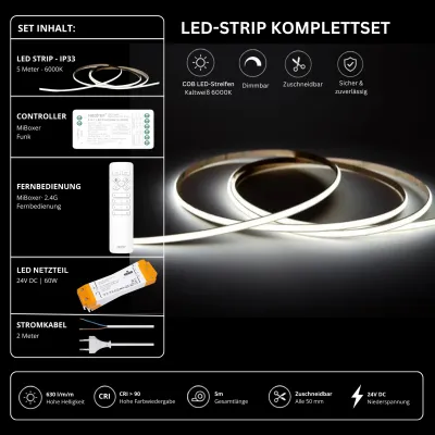 COB LED-Strip Komplettset mit 5 m kaltweißem LED-Streifen 6000 K, 24 V Netzteil, MiBoxer Funk-Controller und 2,4 GHz Fernbedienung, CRI > 90