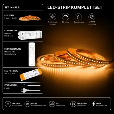 5 Meter LED-Streifen Komplettset in Neutralweiß 4000K mit MiBoxer WiFi & Funk Controller, 2,4 GHz Fernbedienung, 24V LED-Netzteil und Anschlusskabel. Dimmbares LED-Band mit 1640 lm/m, CRI >93 und zuschneidbar alle 62,5 mm