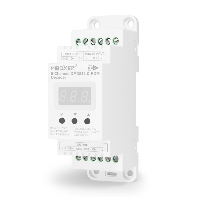 MiBoxer D5-T 5-Kanal DMX512 RDM LED-Decoder für Hutschiene 12–48 V Konstantspannung 5x6 A Art. 23001