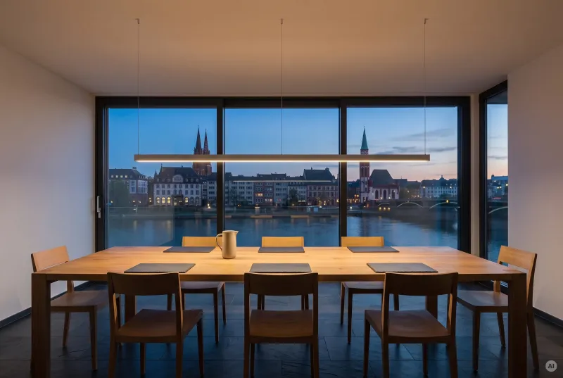 Schlanke schwarze LED-Pendelleuchte mit opaler Abdeckung für blendfreies Licht über einem Esstisch aus Holz