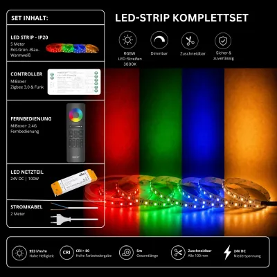 RGBW LED-Strip Komplettset mit 5 m LED-Streifen, RGB-Farblicht und Warmweiß 3000 K, 24 V Netzteil, MiBoxer Zigbee 3.0 & Funk Controller und 2,4 GHz Fernbedienung, CRI > 80