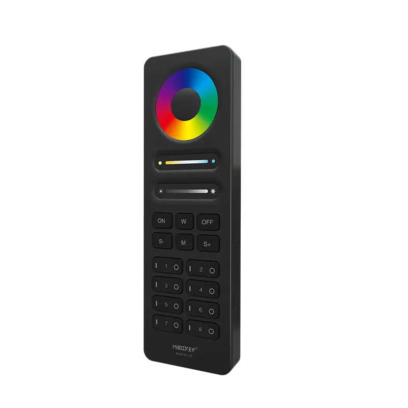 Schwarze MiBoxer C8 2.4GHz Funkfernbedienung für RGB+CCT LED Strips – Touch Remote mit Farbrad, 8 Zonen, Modustaste, Helligkeits- und Farbtemperaturregelung.