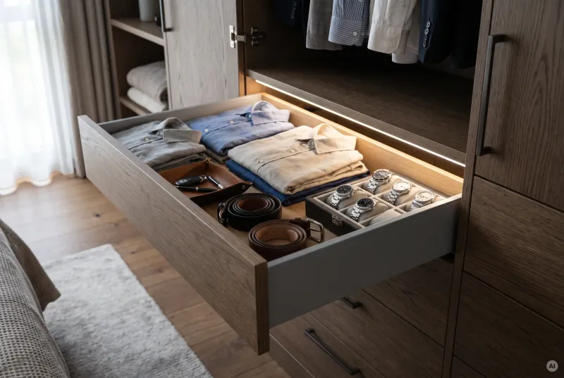 Detailaufnahme einer geöffneten Holz-Schublade im Kleiderschrank mit blendfreier LED-Lichtlinie, gefalteter Kleidung, Gürteln und Uhrenkassette.