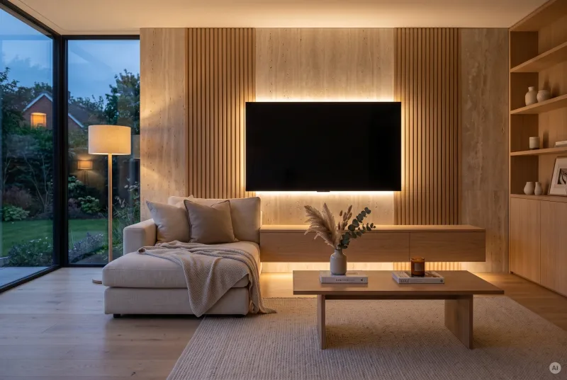 Wandmontierter Fernseher mit warmweißem LED-Hintergrundlicht auf einer stilvollen Holzlamellen-Wandverkleidung.