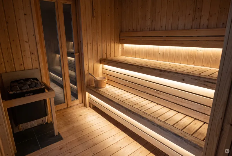Ein Saunaraum mit warmem Licht, LED-Beleuchtung unter den Bänken, einem Harvia-Ofen und einer Glas-Eingangstür.