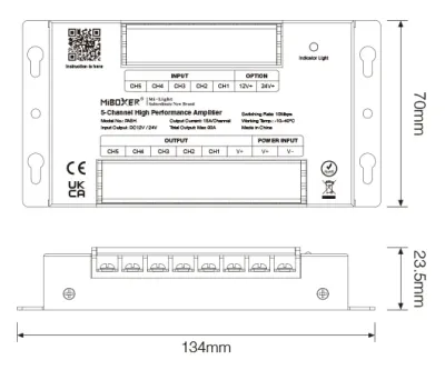 Technische Maße LED Verstärker RGB RGBW RGBCCT Technische Zeichnung 5-Kanal LED Verstärker mit Anschlussbelegung und Abmessungen