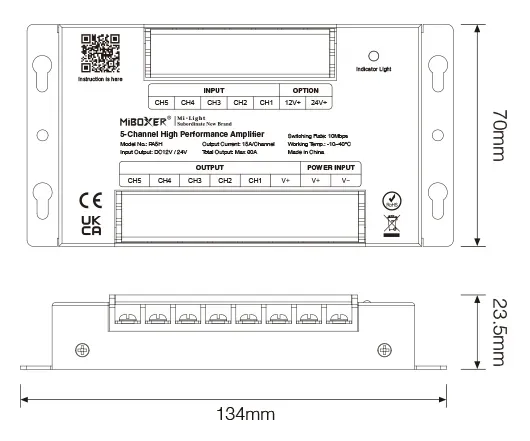 Technische Zeichnung 5-Kanal LED Verstärker mit Anschlussbelegung und Abmessungen