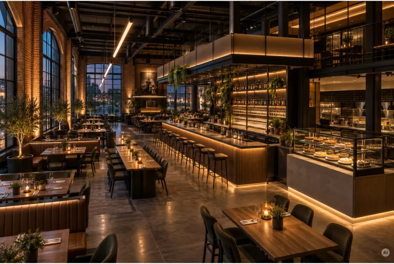 Weitläufiges Restaurant im Industrial Style mit hohen Rundbogenfenstern, einer langen beleuchteten Theke sowie hinterleuchteten Regalen.