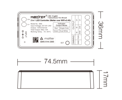 MiBoxer SM2 – Anschlussseite mit 2-Kanal Schraubklemmen und Push Dimming | SK-LED MiBoxer SM2 Matter LED Controller Anschlussseite – 2-Kanal Schraubklemmen für Eingang 12–24V und Ausgang einfarbig oder CCT LED Streifen, Push Dimming Eingang