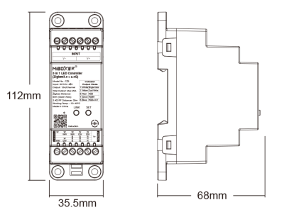 MiBoxer TZ5 technische Zeichnung mit Abmessungen Art. 23003 MiBoxer TZ5 LED-Controller für Hutschiene technische Zeichnung mit Abmessungen 112 mm x 35,5 mm x 68 mm Art. 23003
