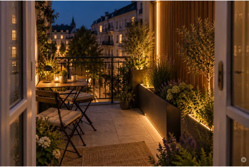 Pariser Stadtbalkon bei Nacht mit Bistro-Sitzgruppe, Holzlamellen-Wand und warm leuchtenden LED-Lichtleisten an den Pflanzkästen.