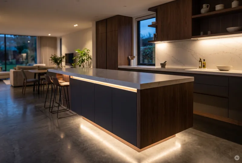 Moderne dunkle Kücheninsel aus Holz und Naturstein, betont durch eine indirekte LED-Lichtleiste unter der Arbeitsplatte und am Sockel.