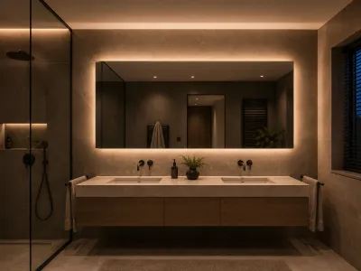Modernes Badezimmer mit indirekter LED-Spiegelbeleuchtung und Halo-Effekt für eine stimmungsvolle Ausleuchtung