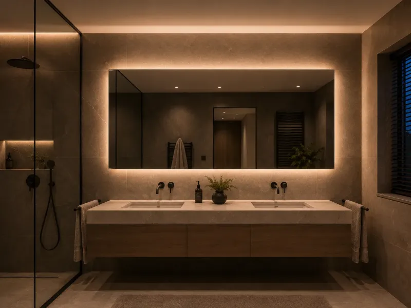 Modernes Badezimmer mit indirekter LED-Spiegelbeleuchtung und Halo-Effekt für eine stimmungsvolle Ausleuchtung