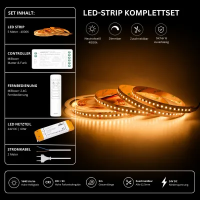 LED-Streifen Komplettset Warmweiß 3000K – 5m mit Matter Controller, Fernbedienung und 24V Netzteil 5 Meter LED-Streifen Komplettset in Warmweiß 3000K mit MiBoxer Matter Controller, 2,4 GHz Fernbedienung, 24V LED-Netzteil und Anschlusskabel. Dimmbares 24V LED-Band mit 1470 lm/m, CRI >93 und zuschneidbar alle 62,5 mm
