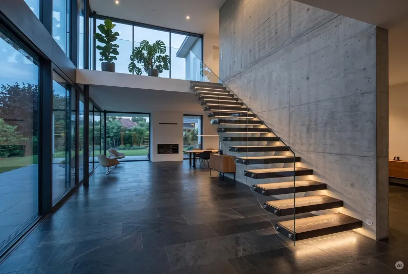 Moderne freitragende Kragarmtreppe aus dunklem Holz an einer Sichtbetonwand mit kaskadierender, warmweißer LED-Beleuchtung unter den Stufen.