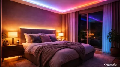 Modernes Schlafzimmer mit RGBW LED Streifen und indirekter Beleuchtung in warmweißen und farbigen Lichtakzenten