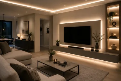 Modernes Wohnzimmer mit indirekter LED-Beleuchtung in Neutralweiß 4000K und TV-Wand Modernes Wohnzimmer mit indirekter LED-Beleuchtung durch neutralweiße 4000K LED-Streifen. Elegante Lichtlinien an der abgehängten Decke, hinter der TV-Wand, unter dem schwebenden Lowboard sowie in der beleuchteten Designnische.