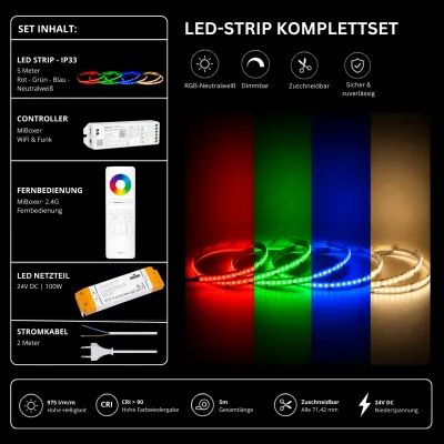 LED Streifen Set RGBW Neutralweiß 4000K IP33 24V – COB LED mit WL5 WiFi Controller & C5 Fernbedienung Weiß LED Streifen Set RGBW Neutralweiß 4000K IP33 mit 5 m COB LED Streifen, WL5 WiFi Controller, SS100 Netzteil und C5 Funk-Fernbedienung in Weiß.