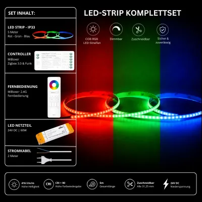 LED Strip Komplettset RGB IP33 5m mit Zigbee 3.0 & MiBoxer Controller RGB LED Strip Komplettset mit 5 m COB RGB LED-Streifen, MiBoxer Zigbee 3.0 Funk-Controller, 2,4 GHz Fernbedienung, 24V Netzteil und Anschlusskabel – dimmbar, Zigbee-kompatibel und ideal für Smart-Home-LED-Beleuchtung.