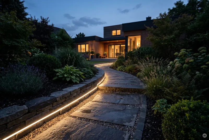 Alt-Text: Geschwungener Gartenweg aus Natursteinplatten bei Dämmerung, beleuchtet durch eine bodennahe warmweiße LED-Lichtleiste entlang einer niedrigen Steinmauer.