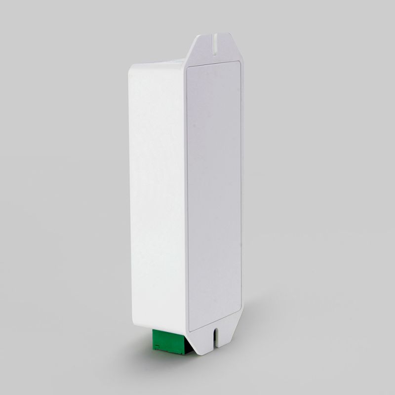MiBoxer D1-CX DMX512 & RDM Decoder – Rückseite und Seitenansicht des weißen Gehäuses mit grünem Klemmanschluss unten, Hutschienenmontage