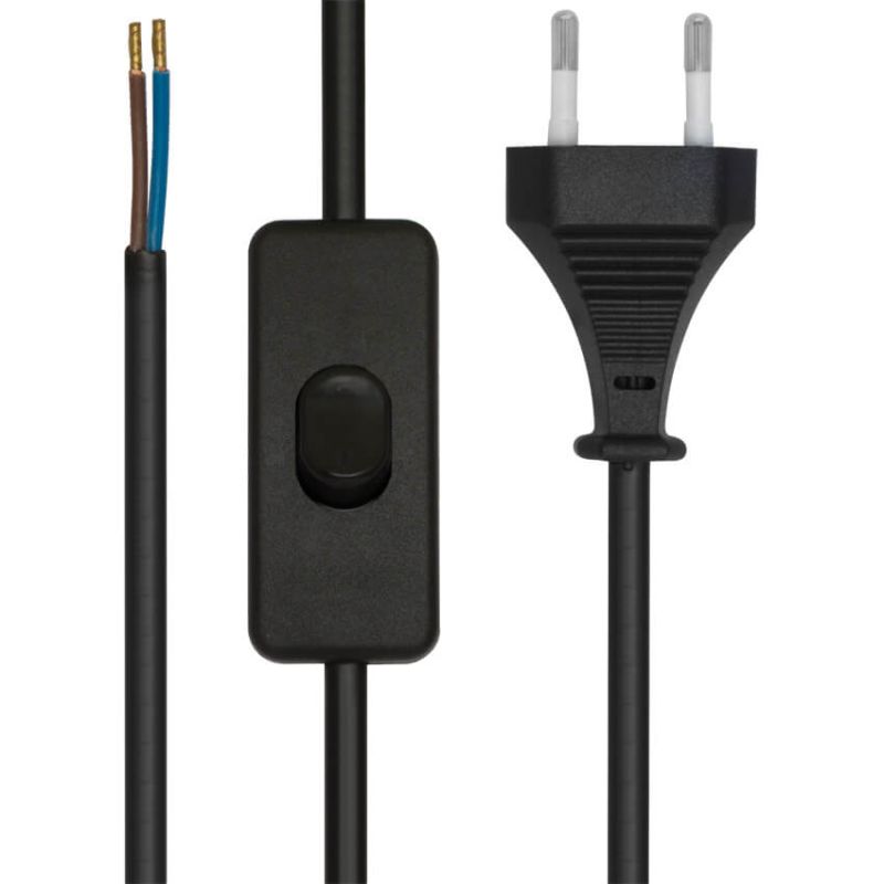 Netzkabel mit Eurostecker und Schalter 2 Meter H03VVH2 F 2x0,75mm² schwarz mit offenen Kabelenden für LED Netzteile