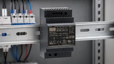Hutschienen LED Netzteil Mean Well HDR 60 24V montiert auf DIN Schiene im Schaltschrank