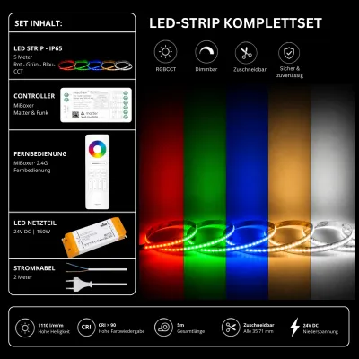 LED Streifen Set RGBCCT IP65 24V – COB LED mit SM5 Matter Controller & C5 Fernbedienung Weiß LED Streifen Set RGBCCT IP65 mit COB LED Streifen, SM5 Matter Controller, SS150 Netzteil und C5 Fernbedienung in Weiß.