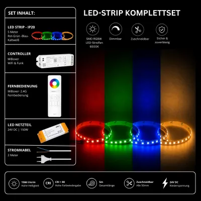 RGBW LED Streifen Komplettset WiFi 6500K RGBW LED Streifen Komplettset 24V mit 5 m SMD LED Streifen 6500K, MiBoxer WiFi Funk Controller, 2.4G Fernbedienung und 150W Netzteil