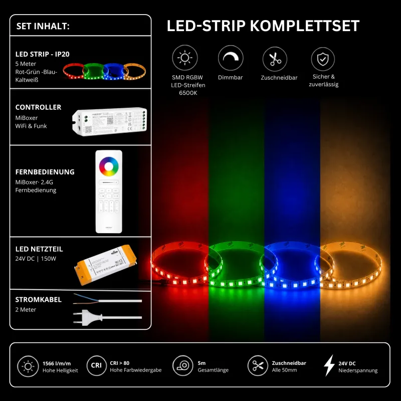 RGBW LED Streifen Komplettset 24V mit 5 m SMD LED Streifen 6500K, MiBoxer WiFi Funk Controller, 2.4G Fernbedienung und 150W Netzteil