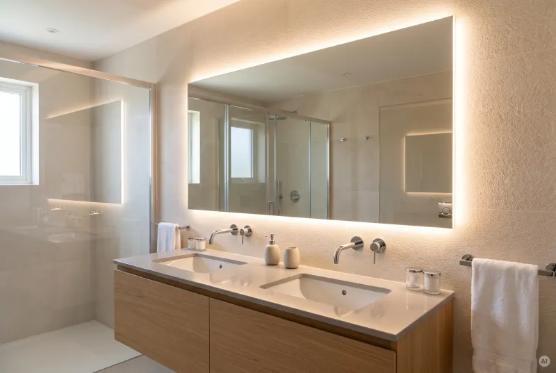 Großer Badezimmerspiegel mit warmweißer LED-Hintergrundbeleuchtung über einem Holz-Doppelwaschtisch.