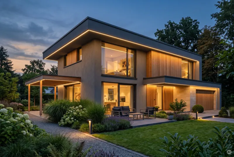 Beleuchtetes modernes Einfamilienhaus zur blauen Stunde mit warmweißen LED-Lichtleisten unter dem Dachvorsprung und kleinen Pollerleuchten im Vorgarten.