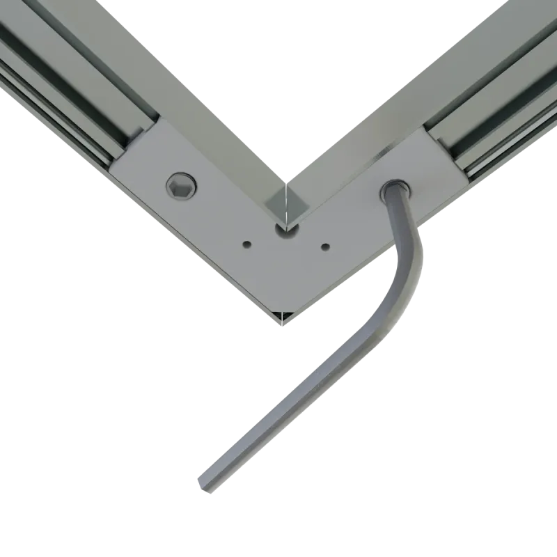 CON-A2 Verbinder 90° – Nahaufnahme der montierten Innenecke mit Kabelführung durch den Eckverbinder, Draufsicht auf LED-Aluminiumprofil-Verbindung