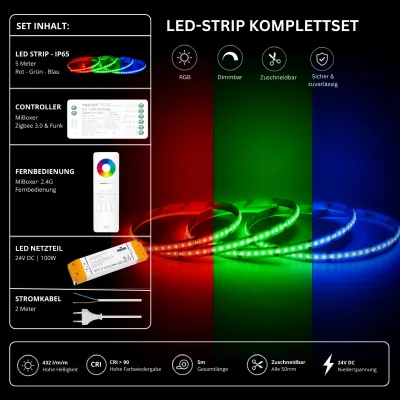 LED Streifen Komplettset IP65 Zigbee 3.0 RGB 24V – MiBoxer Controller mit weißer RGB Fernbedienung LED Streifen Komplettset mit 5 m IP65 RGB LED-Streifen, MiBoxer Zigbee 3.0 Controller, weißer RGB 2,4 GHz Fernbedienung, 100W 24V LED-Netzteil und Stromkabel. Smart steuerbares RGB LED-Set