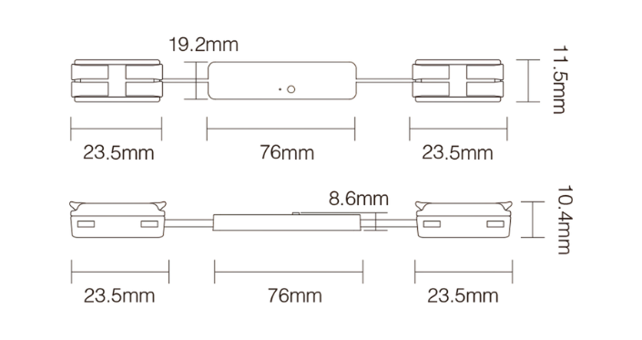 Technische Zeichnung des MiBoxer MLR2 Mini LED Controllers mit kompakten Maßen für einfarbige LED Streifen Steuerung 2.4GHz Dimmer