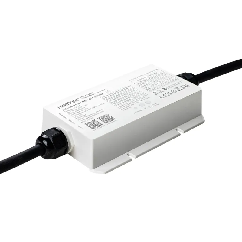 MiBoxer WL5-WP 5-in-1 LED Controller IP67 – wasserdichtes Gehäuse mit Kabelverschraubungen, WiFi und 2,4 GHz Funk, 12–48V DC, für RGB, RGBW, RGBCCT, CCT und einfarbige LED Streifen im Außenbereich