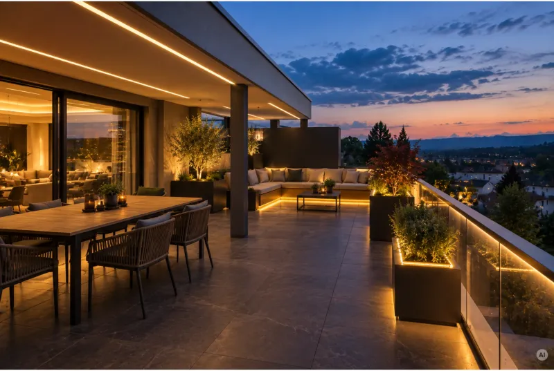 Moderne Penthouse-Dachterrasse bei Sonnenuntergang mit Essbereich, Lounge-Ecke, beleuchteten Pflanzkübeln und warmweißer LED-Lichtleiste am Glasgeländer.