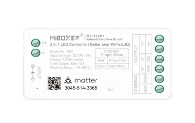 MiBoxer SM2 2-in-1 Matter LED Controller – einfarbig & CCT, 12A, Push Dimming | SK-LED MiBoxer SM2 2-in-1 LED Controller – Matter over WiFi und 2,4 GHz Funk, einfarbig und CCT, 12–24V DC, 12A, Push Dimming, Apple HomeKit, Google Home, Alexa, Frontansicht