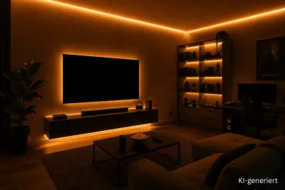 Modernes Heimkino mit indirekter LED-Beleuchtung durch warmweiße 3000K LED-Streifen. Gleichmäßige Lichtlinien an Decke, TV-Wand, Lowboard und Regal schaffen eine stimmungsvolle Atmosphäre ohne sichtbare LED-Punkte