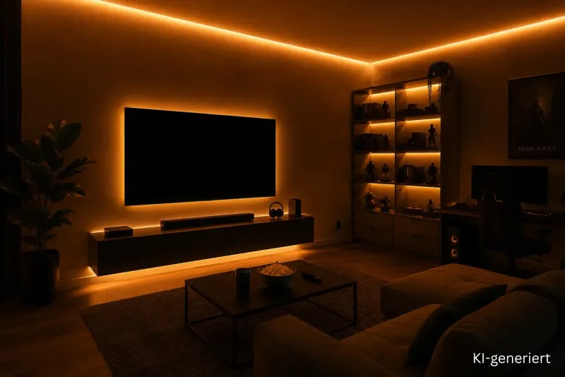 Modernes Heimkino mit indirekter LED-Beleuchtung durch warmweiße 3000K LED-Streifen. Gleichmäßige Lichtlinien an Decke, TV-Wand, Lowboard und Regal schaffen eine stimmungsvolle Atmosphäre ohne sichtbare LED-Punkte