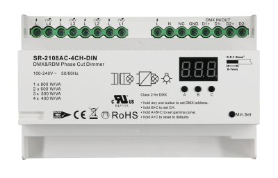 SR-2108AC-4CH-DIN DMX512 Triac-Dimmer 4-Kanal Phasenabschnitt 230V Hutschiene SR-2108AC-4CH-DIN DMX512 Triac-Dimmer 4-Kanal Phasenabschnitt 230V Hutschiene
